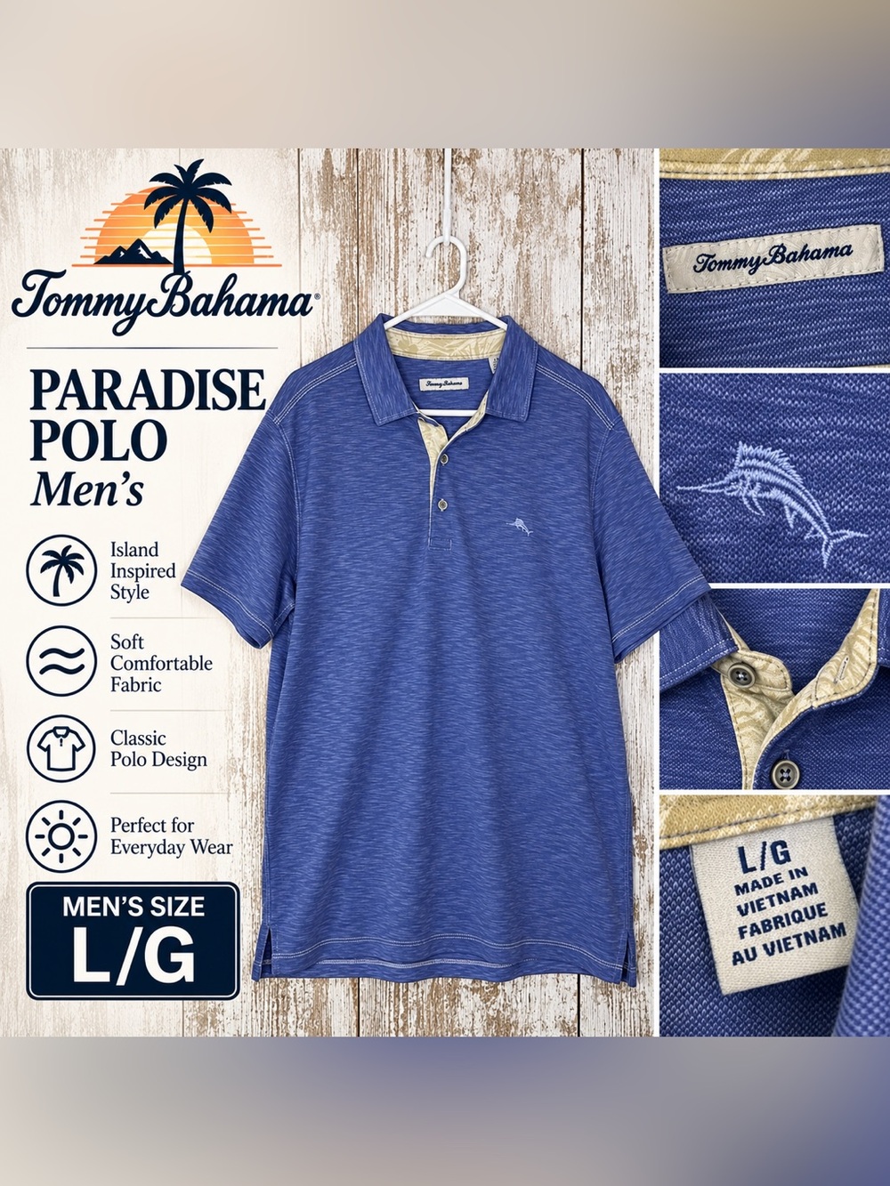 Tommy Bahama Paradise Polo Men’s Size L/G Blue Heather Short Sleeve